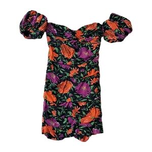 Zara Black Floral Off Shoulder Puff Sleeve Ruched Mini Dress M